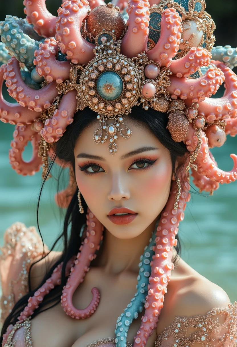 Beautiful, gorgeous Asian woman with OctopusHat tentacles and coral, dressed in an ornate oceanic gown, adorned with seashells and pearls, wearing jewelry and detailed makeup, in the style of high fashion magazine cover, hyper-realistic photography, editorial style.
