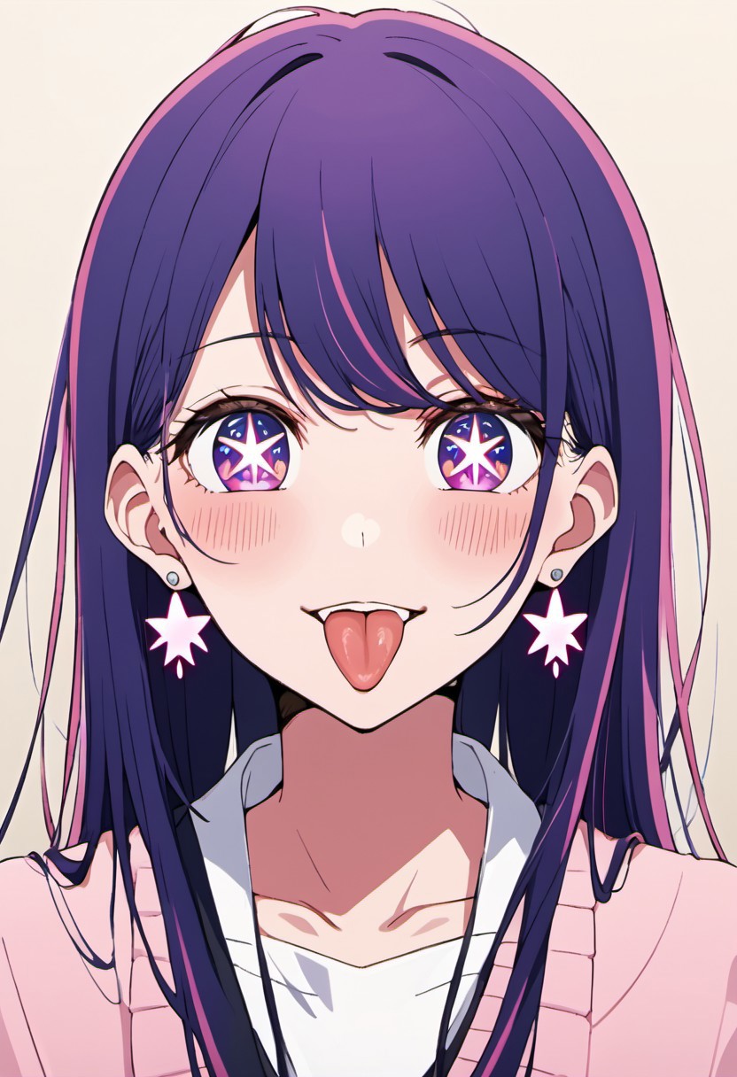 score_9, score_8_up, score_7_up, source_anime, Hoshino Ai, a girl with long purple hair and striking purple eyes that feature star-shaped, symbol-like pupils. She's the sole focus of the image, looking directly at the viewer with a playful smile. Her mouth is open, tongue slightly out in a teasing '
' expression, and a subtle blush adds to her charming demeanor. She wears star-shaped earrings that match the symbols in her eyes, adding a touch of sparkle to the scene. In the background, incorporate subtle paw prints and star symbols to enhance the playful and whimsical atmosphere.