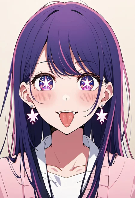 score_9, score_8_up, score_7_up, source_anime, Hoshino Ai, a girl with long purple hair and striking purple eyes that feature star-shaped, symbol-like pupils. She's the sole focus of the image, looking directly at the viewer with a playful smile. Her mouth is open, tongue slightly out in a teasing '
' expression, and a subtle blush adds to her charming demeanor. She wears star-shaped earrings that match the symbols in her eyes, adding a touch of sparkle to the scene. In the background, incorporate subtle paw prints and star symbols to enhance the playful and whimsical atmosphere.