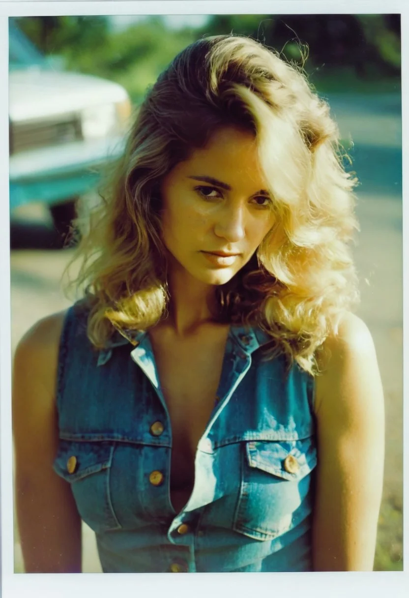 A photorealistic portrait of a young woman in the 1970s, captured on Kodachrome film. She stands outdoors with her head slightly tilted down, wearing a thoughtful, serene expression. 