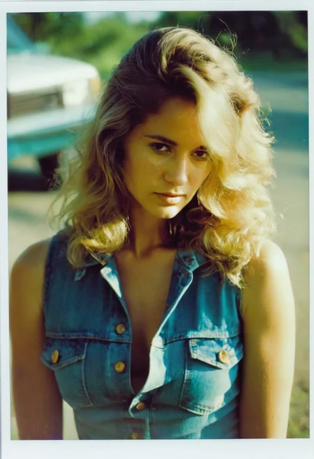 A photorealistic portrait of a young woman in the 1970s, captured on Kodachrome film. She stands outdoors with her head slightly tilted down, wearing a thoughtful, serene expression. 