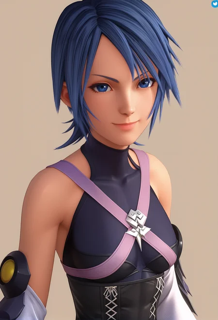 score_9, score_8_up, score_7_up,<lora:AquaPonyV1.0:1>, khaqua, 1girl, solo, blue hair, short hair, spiked hair, blue eyes, smile, sleeveless dark blue turtleneck, bare shoulders, purple chest strap, silver chest ornament, arm armor, white detached sleeves, black corset, white laces, blue skirt, white ribbons, black shorts, black thighhighs