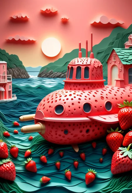 Strawberry Submarine at Rest: 
A bright red submarine docked at a sleepy coastal town, its surface covered in strawberry texture with green leafy fins. Children gather with ice cream cones to watch it surface. Soft golden-hour lighting, surreal but grounded in detail. Wide-angle, low-angle perspective with pastel tones and vintage nautical props.
Tags: minimalist composition, simple composition, clean lines, made of strawberry, low-poli, voronoi, voxels, transformed into a strawberry-themed landscape, strawberry-themed elements, illustration insanity, surrealist artistic textures, fluid realism, Paper Quilling,