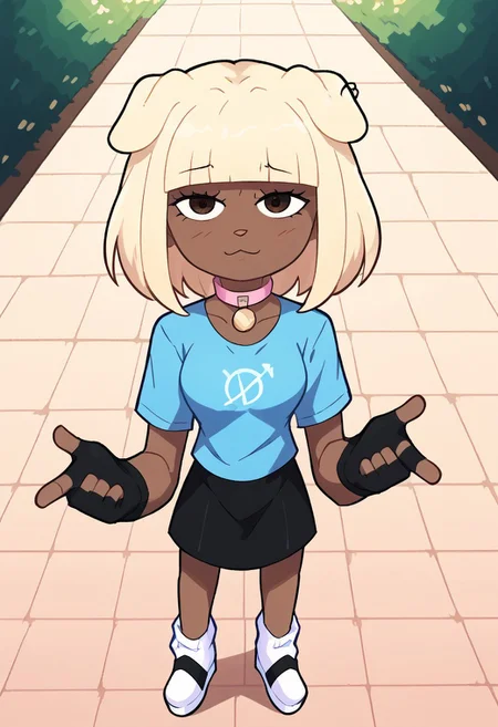 score_9, score_8_up, score_7_up, source anime,
masterpiece, best quality, detailed, amazing quality,
detailed background, bedroom, park, flowers,
detailed eyes, clean eyes,
dynamic pose, from above,
1woman, woman,
easynegative,
doribun, blonde hair, medium hair, blunt bangs, dark skin, dog ears, Blue shirt, White symbol, black skirt, white socks, white shoes, fingerless gloves, black gloves, pink collar,