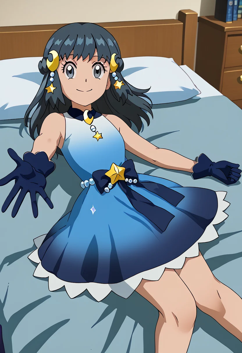 Lying with one arm stretched out, smile, indoors, 1girl, <lora:DawnPony:1> Dawn_Con, long hair, black hair, grey eyes, braid, crescent hair ornament, gradient dress, blue dress, sleeveless, blue bow, blue gloves, blue footwear,