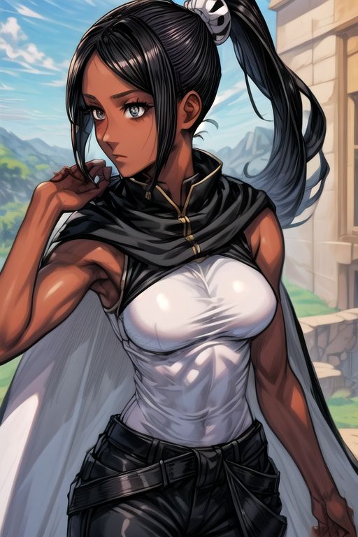 (best quality) , (highly detailed) ,masterpiece ,absurdres ,detailed face ,beautiful face ,(detailed eyes, deep eyes, anime eyes) ,1girl , solo, upper body, slight smile,
Standing with hands on the waist,
narvi_bb, ponytail, black eyes, black hair, dark-skinned female, dark skin, long hair, hair ornament, sleeveless, black baggy pants, white army boots, <lora:narvi_bb-10:0.75>, Cape