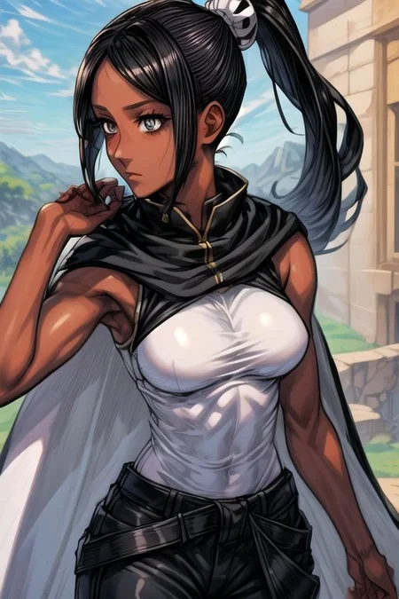 (best quality) , (highly detailed) ,masterpiece ,absurdres ,detailed face ,beautiful face ,(detailed eyes, deep eyes, anime eyes) ,1girl , solo, upper body, slight smile,
Standing with hands on the waist,
narvi_bb, ponytail, black eyes, black hair, dark-skinned female, dark skin, long hair, hair ornament, sleeveless, black baggy pants, white army boots, <lora:narvi_bb-10:0.75>, Cape