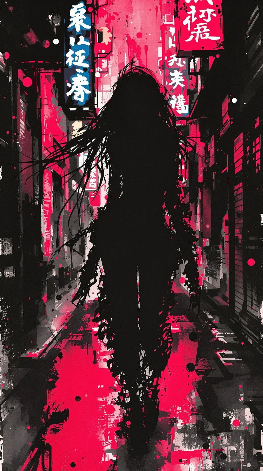 A stunning visual fusion of traditional ink wash and modern cyberpunk, this artwork captures a cybernetic Japanese femme fatale in silhouette, advancing toward the viewer through a dimly lit, neon-splashed alley. The image is punctuated by bold splashes of ink that suggest both smoke and movement. Her long loose hair and sidelocks flow behind her like ink trails. She wears sensual cyber-street gear—slashed sleeves. Her eyes are pools of dark shadow, her red lips the only solid brushstroke. Neon signs blur in the abstract background, fading into heavy stylised bokeh.