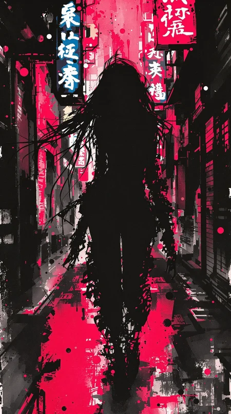 A stunning visual fusion of traditional ink wash and modern cyberpunk, this artwork captures a cybernetic Japanese femme fatale in silhouette, advancing toward the viewer through a dimly lit, neon-splashed alley. The image is punctuated by bold splashes of ink that suggest both smoke and movement. Her long loose hair and sidelocks flow behind her like ink trails. She wears sensual cyber-street gear—slashed sleeves. Her eyes are pools of dark shadow, her red lips the only solid brushstroke. Neon signs blur in the abstract background, fading into heavy stylised bokeh.