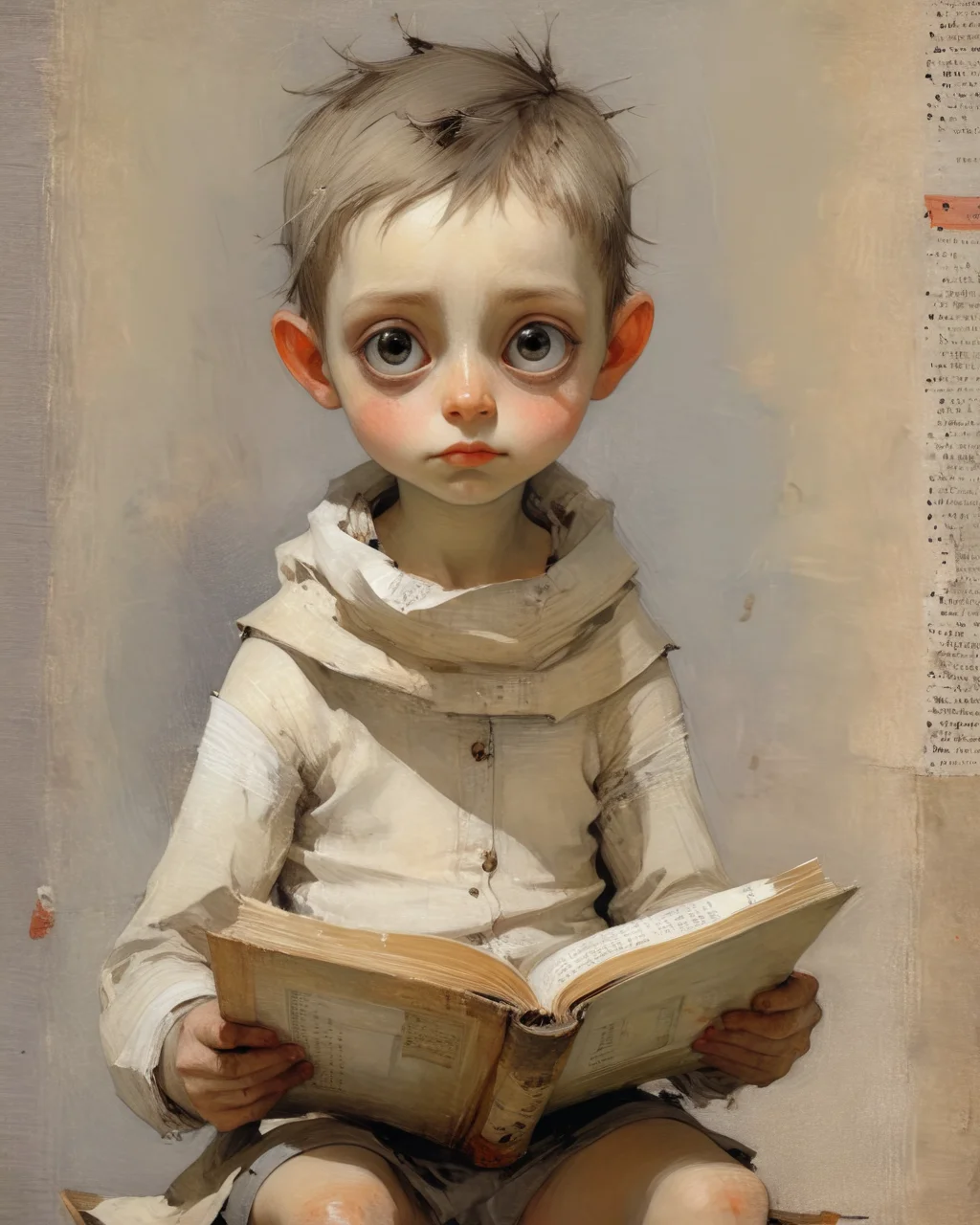 a young child with innocent big eyes reading a book, <lora:add-detail-xl:0.75> <lora:xl_more_art-full_v1:0.5> <lora:Euan Uglow Style:1> Euan Uglow Style page, <lora:Jean-Baptiste Monge Style:1> Jean-Baptiste Monge Style page