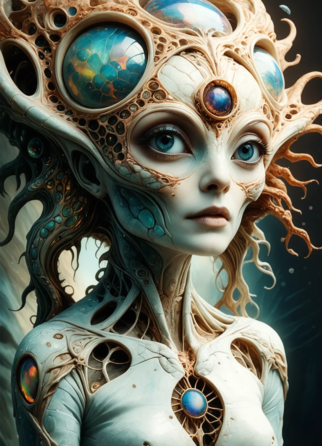 Surrealism, (Ombre color scheme of white ,opal ,iridescent ) Very beautiful alien-woman <lora:envyStarlight_v10:0.8> <lora:dvr-cl-dvsn:0.35> dvr-cl-dvsn <lora:Happy_World:0.45> <lora:TheWeirdies:0.8> TheWeirdies, expressive, dramatic, organic lines and forms, dreamlike and mysterious, Surrealism