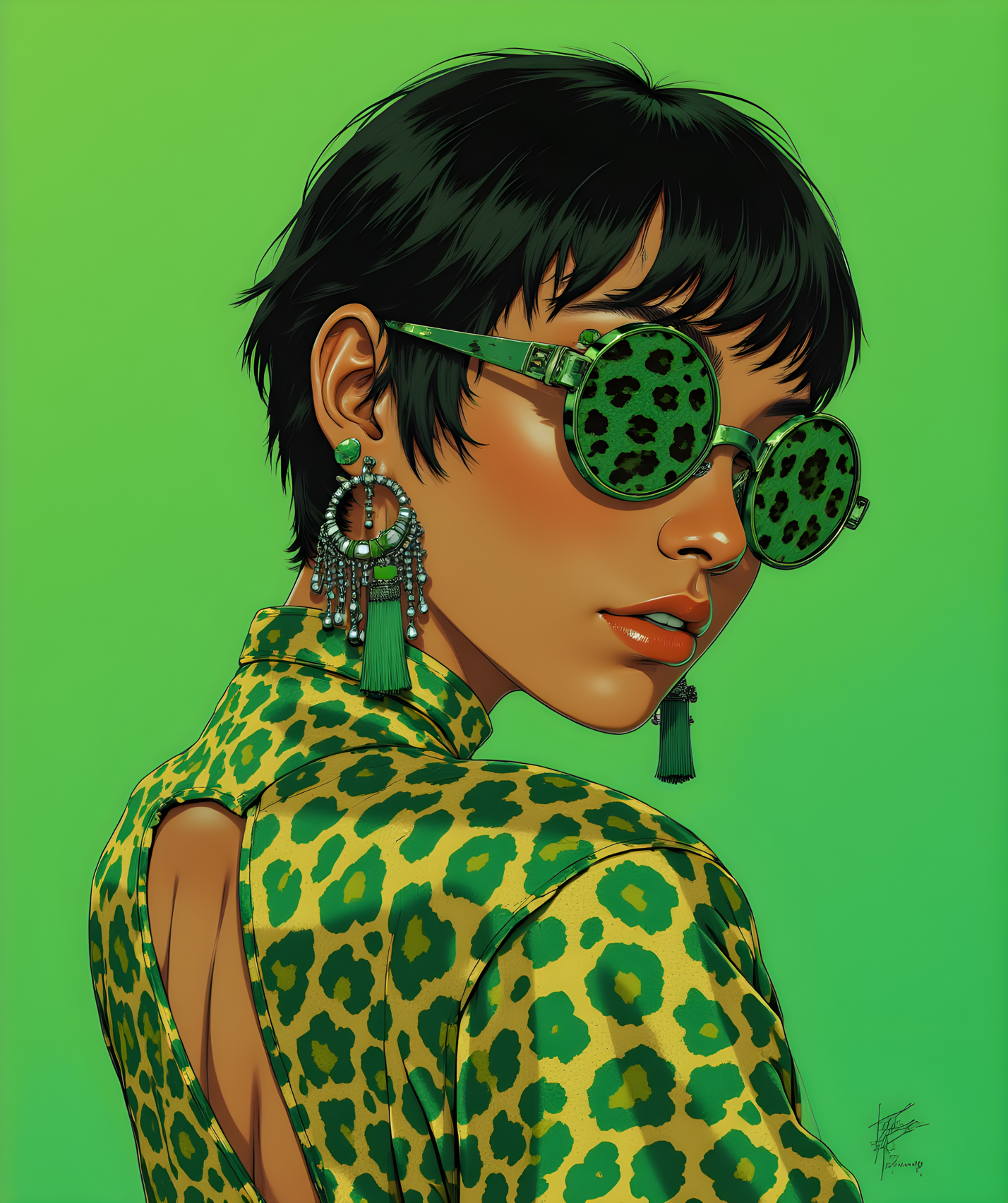 an artistic illustration of a woman with short, dark hair styled in a bob cut she is wearing large round sunglasses with green leopard print lenses and a matching green and gold leopard print top her ears are adorned with elaborate earrings featuring green tassels and silver accents the background is a solid bright green which complements the colors of her outfit and accessories the overall style is vibrant and bold with a focus on fashion and color coordination the illustration has a modern and stylish feel to it
j_art, anime, anime art, <lora:FLUX\jul\J_Anime:1.0>, <lora:FLUX\Anime Art V3:0.1>, <lora:FLUX\RM_Artistify_v1.0M:0.1>, <lora:FLUX\RetroAnimeS1.1:0.1>