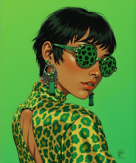 an artistic illustration of a woman with short, dark hair styled in a bob cut she is wearing large round sunglasses with green leopard print lenses and a matching green and gold leopard print top her ears are adorned with elaborate earrings featuring green tassels and silver accents the background is a solid bright green which complements the colors of her outfit and accessories the overall style is vibrant and bold with a focus on fashion and color coordination the illustration has a modern and stylish feel to it
j_art, anime, anime art, <lora:FLUX\jul\J_Anime:1.0>, <lora:FLUX\Anime Art V3:0.1>, <lora:FLUX\RM_Artistify_v1.0M:0.1>, <lora:FLUX\RetroAnimeS1.1:0.1>