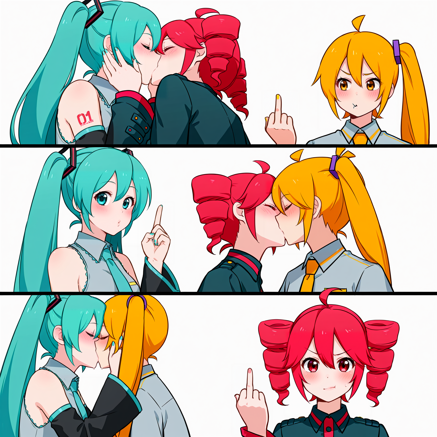 masterpiece, best quality, high quality, elite_throuple_kiss, 3koma, hatsune miku, kasane teto, akita neru, upper body, kiss, middle finger,
<lora:elite_throuple_kiss_meme:1>