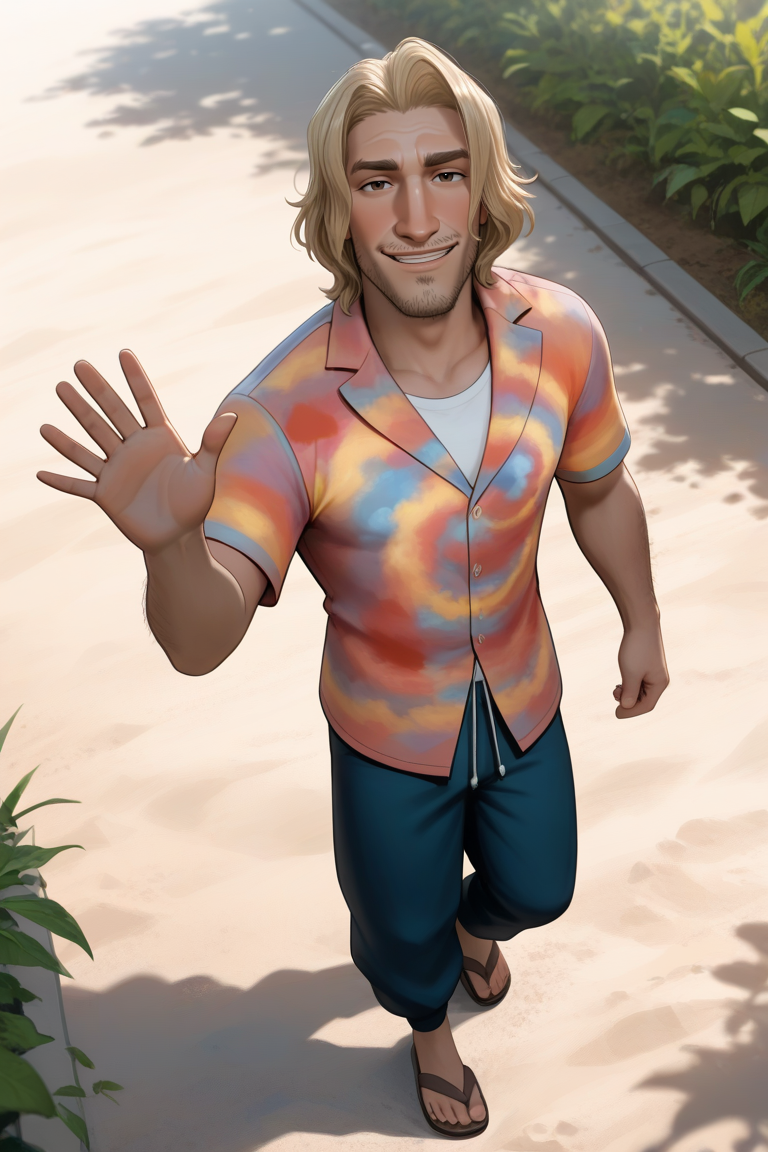expressive manly face, shadow, dynamic angle, intricately detailed, depth of field, masterpiece, best quality, amazing quality, very aesthetic, absurdres, newest, very awa, 1boy, make focus, solo,coralben,blonde hair,medium hair,brown eyes,facial hair,stubble, tie-dye shirt, blue pants, sandals, simple background, calm smile, waving at viewer, 