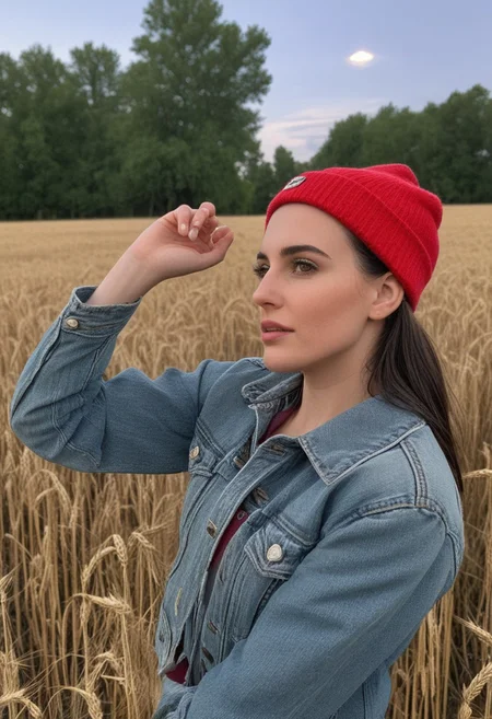 30yo american woman in a wheat field
Small eyes. Brown eyes.
Wearing ripped Denim jacket red hat
no makeup. Clear skin. realistic skin style
Long dark black slick back hair. No makeup. Dusk, Street light. Looking at camera POV. Slight smile, tilting head.. Tilt head. Hands in head, face, lips.
Medium Close Up shot. Bokeh. Bokeh light.