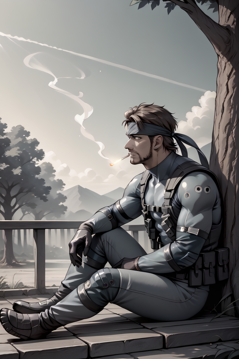 score_9, score_8_up, score_7_up, score_6_up, source_anime, realistic BREAK 1boy, solo <lora:solidsnake-pdxl-nvwls-v1:1> solidsnake, headband, brown hair, beard, facial hair, blue bodysuit, gloves, harness, belt pouch, sitting, from side, tree, sky, monochrome, looking up, manly, chiaroscuro, greyscale, black and white, cigarette, night, mature male