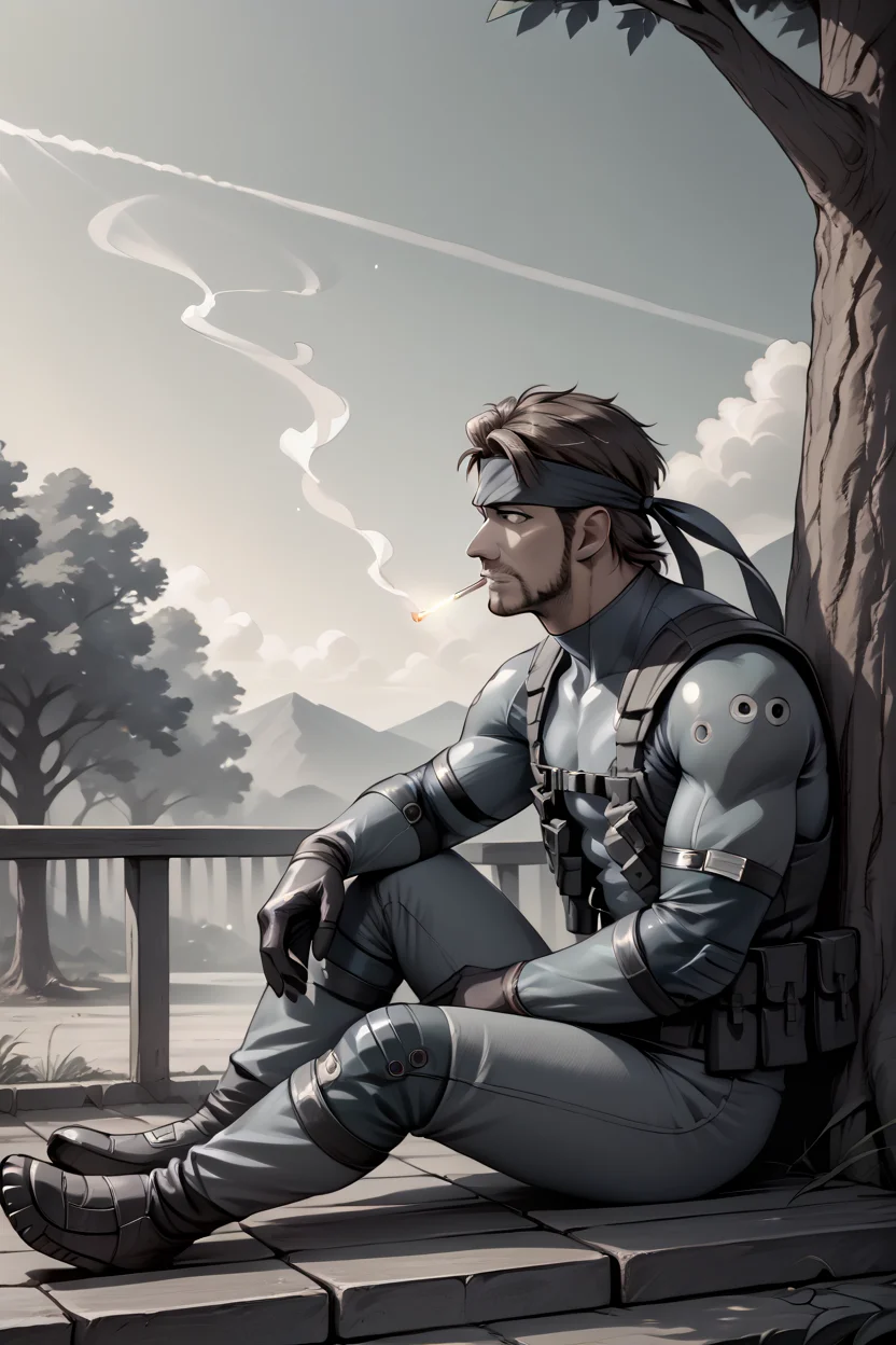score_9, score_8_up, score_7_up, score_6_up, source_anime, realistic BREAK 1boy, solo <lora:solidsnake-pdxl-nvwls-v1:1> solidsnake, headband, brown hair, beard, facial hair, blue bodysuit, gloves, harness, belt pouch, sitting, from side, tree, sky, monochrome, looking up, manly, chiaroscuro, greyscale, black and white, cigarette, night, mature male