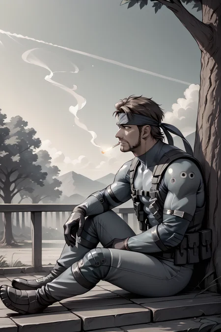 score_9, score_8_up, score_7_up, score_6_up, source_anime, realistic BREAK 1boy, solo <lora:solidsnake-pdxl-nvwls-v1:1> solidsnake, headband, brown hair, beard, facial hair, blue bodysuit, gloves, harness, belt pouch, sitting, from side, tree, sky, monochrome, looking up, manly, chiaroscuro, greyscale, black and white, cigarette, night, mature male