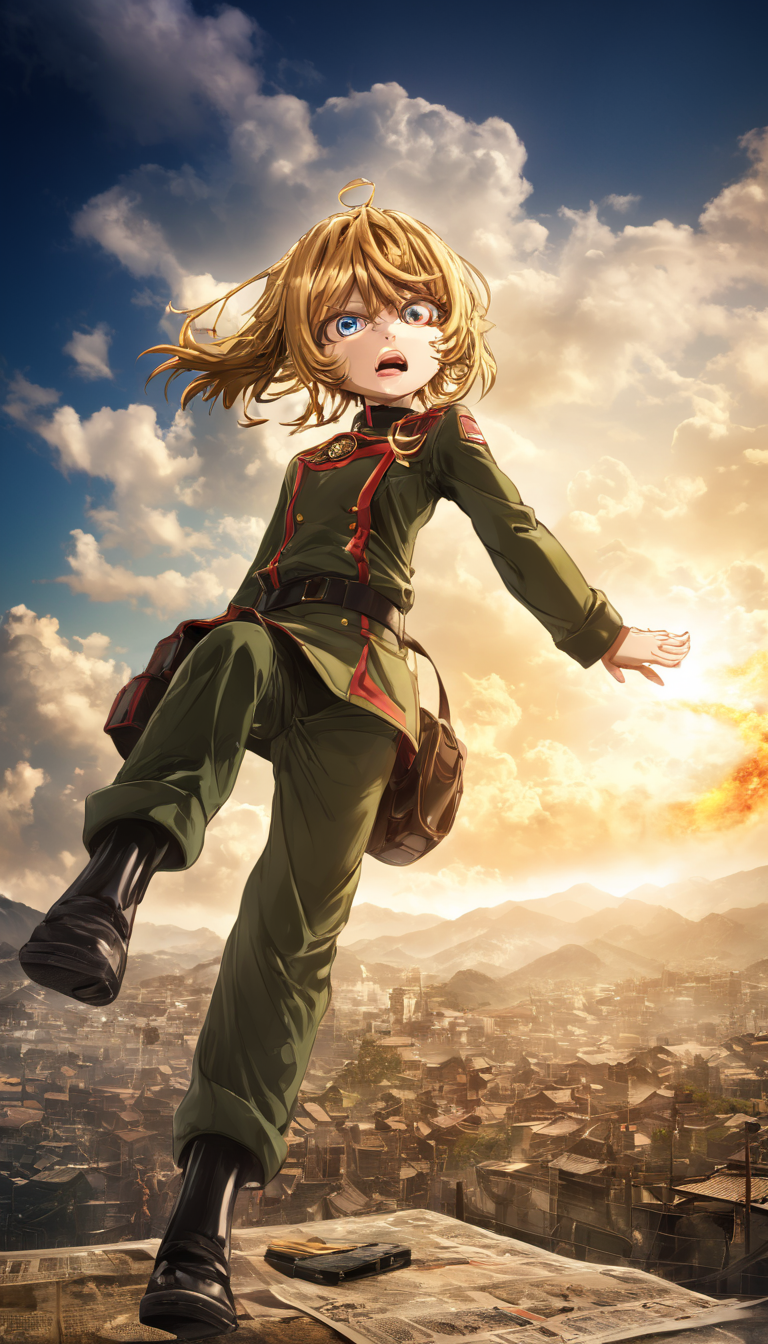 long shot scenic professional photograph of Cinematic scene, hero view, Tanya Degurechaff, Youjo Senki <lora:tanya_degurechaff_xl_v5:1>, action pose, masterpiece, best quality, high quality, highres, absurdres , perfect viewpoint, highly detailed, wide-angle lens, hyper realistic, with dramatic sky, polarizing filter, natural lighting, vivid colors, everything in sharp focus, HDR, UHD, 64K