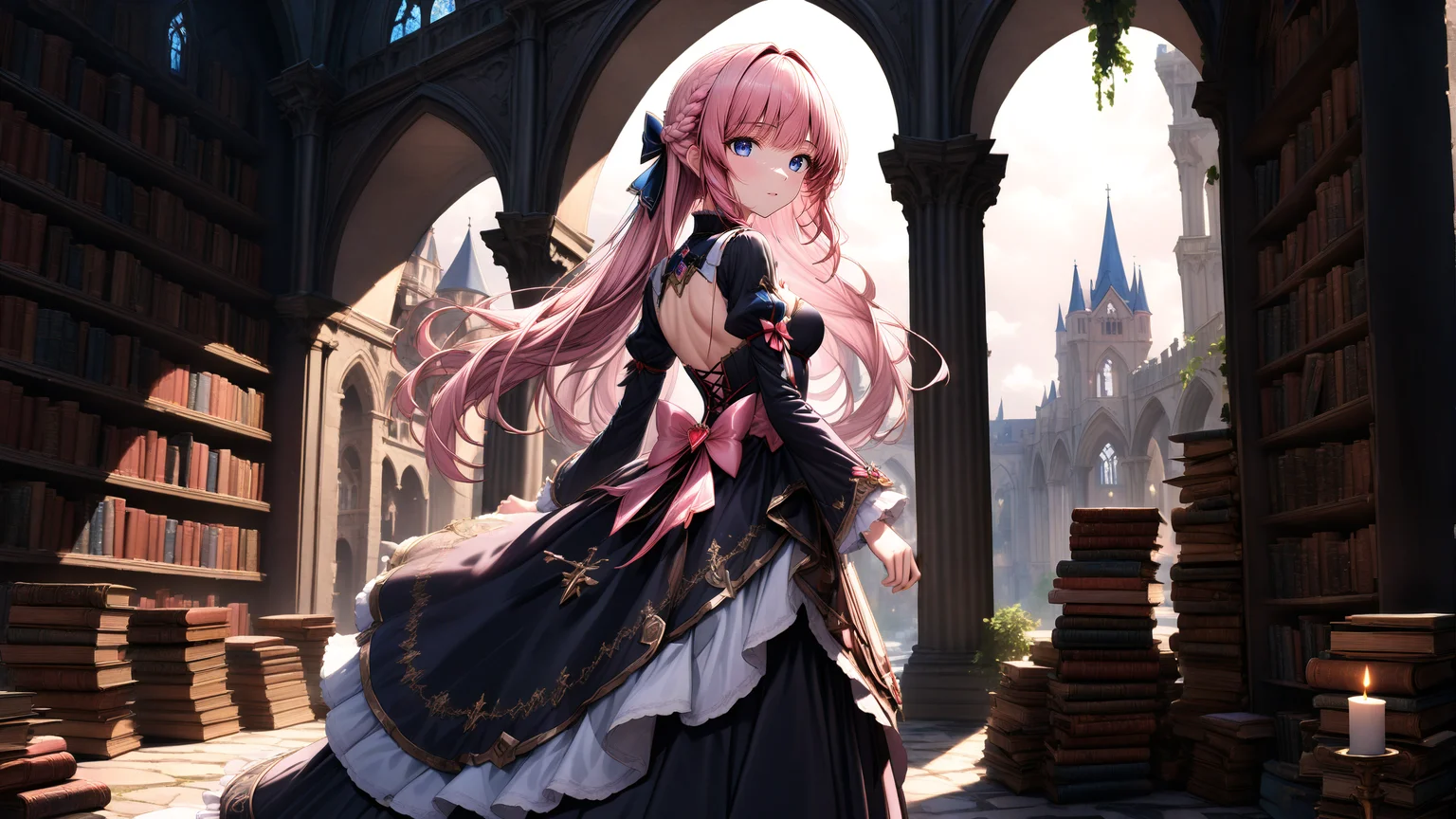 dynamic angle,from_side,<lora:hakaseayaka-base-02-XL:0.6>,hakaseayaka,braided hair,bangs,high detailed,ultra-detailed,a magical girl wearing a red and black robe,with pink long hair and blue eyes,touch the books,raise one hand,searching for books inside a vast,dark,ancient castle library,8k,towering bookshelves filled with old,dusty tomes,dim candlelight casting flickering shadows,glowing magical runes floating in the air,mysterious mist creeping along the stone floor,gothic arches,enchanted atmosphere,focused expression,scattered ancient scrolls,faint glimmers of light reflecting off metallic book spinesCinematic Lighting,((masterpiece)),((best quality)),absurdres,<lora:detailed_notrigger:1>,<lora:xl_more_art-full_v1:0.8>,