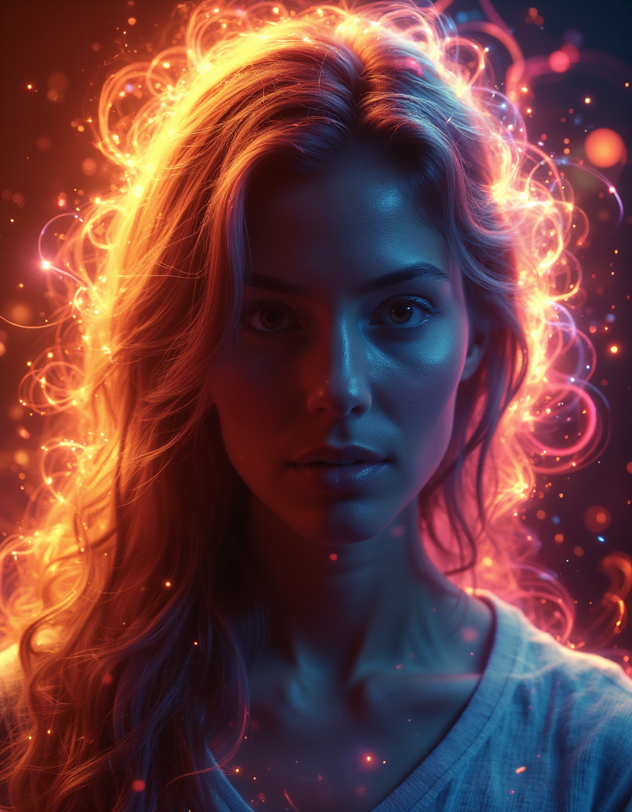 <lora:aura_v2_beta2:1>,auralora,the image features a woman with long hair. She has a determined expression on her face and is surrounded by a halo of bright light with intricate,colorful glow.,