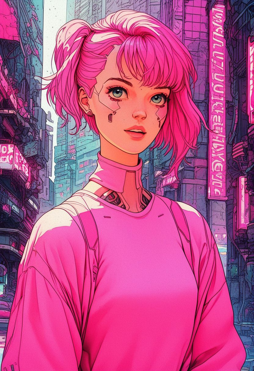 score_9, knva, 1girl, Barbie, pink clothing, pink city, cyberpunk,