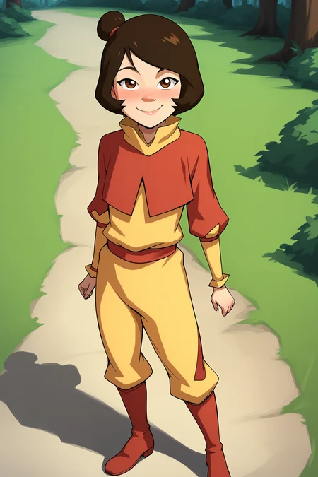 score_9, score_8_up, score_7_up, score_6_up, BREAK, JinoraAvatarPXL, 1girl, brown eyes, brown hair, short hair, single hair bun, flat chest, red capelet, yellow shirt, long sleeves, red belt, yellow pants, red boots, solo, full body, standing, seductive smile, looking at viewer, naughty face, nose blush, forest <lora:JinoraAvatarPXL:1>
