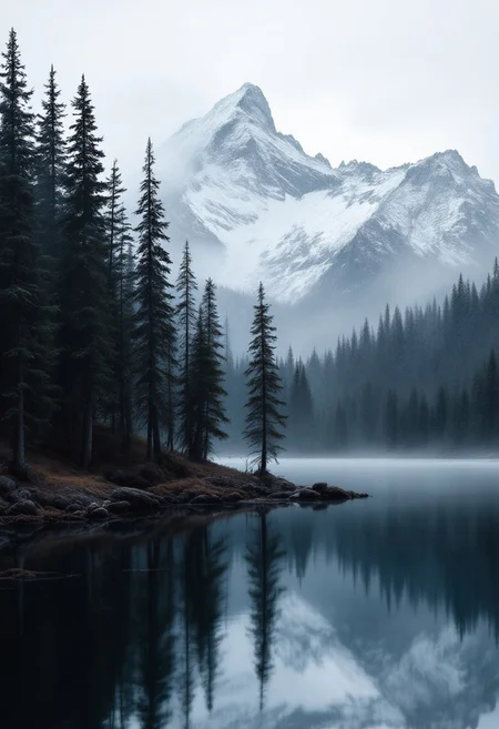 a mountain landscape, a forest of fir trees to mountain flan, a lake in the foreground, trees reflected in the water of the lake, snowy mountain in background, foggy and snowy landscape, dark and cold atmosphere, contrast shading