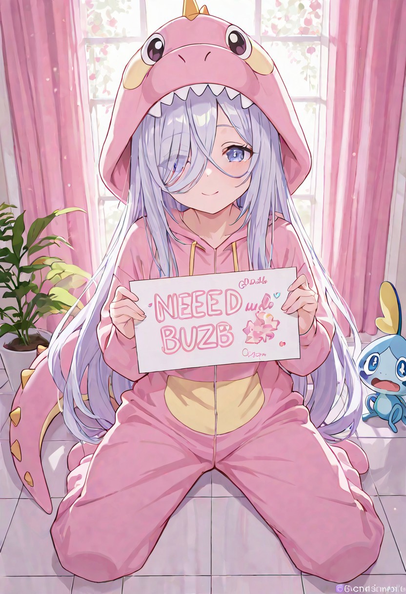 (holding sign with text "need buzz", ) (beautiful girl), dinosaur costume, high quality, detailed, 8k, Intricate details,  long hair on bangs,(:3), UHD, detailed depiction, ephemeral beauty, eye highlights.background is plants dreaming A bright room, beautiful  light and shadow on the walls and floor, gentle brushstrokes, pastel colors, delicate pastel hues, dreamy,Sobble, masterpiece, best quality, very aesthetic, high resolution, beautiful light.(background is kawaii with dreaming world) droopy masterpiece, best quality, very aesthetic,beautiful light, beautiful shadow.