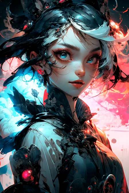 close-up shot, woman, gothic make-up, detailed skin, light freckles, shallow depth of field, OverallDetail
<lora:more_details:0.4>
 <lora:Cosmic anime-oil fusion v2:0.45> 
<lora:AnimeVibesV3:0.3> animevibes, 
<lora:3DMM_V11:0.5> 3DMM 
<lora:midjourney_20230624181825:0.7> midjourney ,
 <lora:LAS:0.5> cloud,colorful,
<lora:msw_locon-t2:0.6>
 <lora:wuxia2:0.6> gu,
 <lora:CyberpunkStyleV1:0.2> PunkAI ,
<lora:CatgirlMaidV1.0-000003:0.35> CatgirlMaid, shiny, shiny hair, shiny skin, shiny clothes