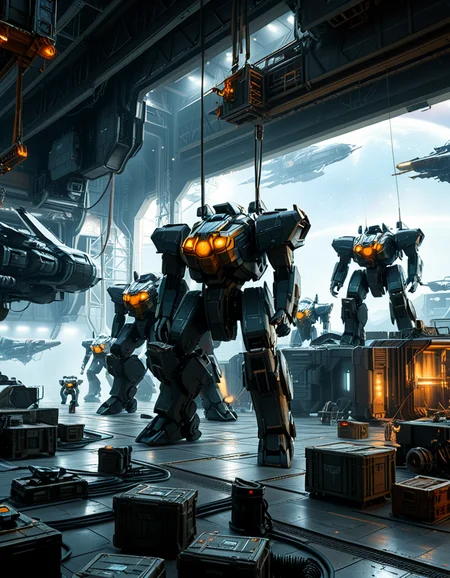 A massive, futuristic spaceship hangar filled with towering battle mechs undergoing maintenance. The hangar is dimly lit, with industrial lighting casting a cold, bluish glow over the metallic surfaces. The high ceiling is lined with steel support beams, catwalks, and suspended cranes used for repairing the massive war machines. The walls are adorned with warning signs, control panels, and illuminated holographic displays providing diagnostic data on the mechs. In the foreground, a colossal mech stands on a heavy-duty platform, its armored plating showing signs of battle damage, with exposed mechanical parts being worked on by robotic arms. The ground is marked with yellow hazard lines and scattered with tools, power cables, and spare parts. Steam rises from various vents, adding to the gritty, industrial feel. In the background, more mechs are stationed in docking bays, with their weapons and mechanical limbs being adjusted by automated repair systems. A large open bay door at the far end reveals the vastness of space, with distant stars and a massive planet visible beyond the hangar. The scene is detailed, immersive, and full of high-tech military sci-fi energy.
<lora:SDXLFaeTastic2400:0.4> <lora:extremely_detailed:0.4> extremely detailed,<lora:mechwarriors_spaceship_h4ng4r:1>,mechwarriors spaceship h4ng4r, Masterpiece,best quality,hi res,8k,hi res,8k,award winning,(sharp focus, intricate, highly detailed),
