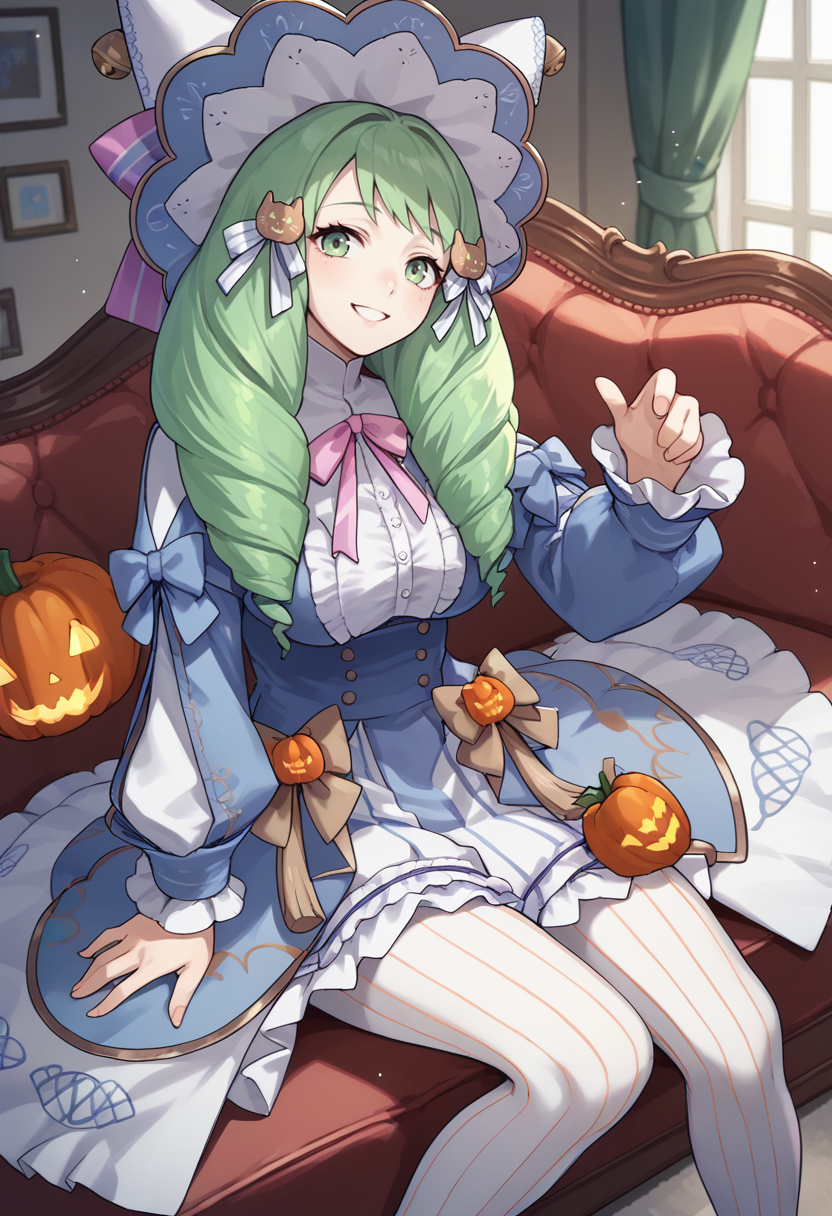 score_9, score_8_up, score_7_up, source_anime, 1girl, looking at you, smile, BREAK <lora:FlaynFE-pdxl:1.0> 1girl, hlwnFlayn, long hair, drill hair, long sleeves, hair ornament, halloween costume, hat, large breasts, frills, striped pantyhose, bow, bell, indoors, couch