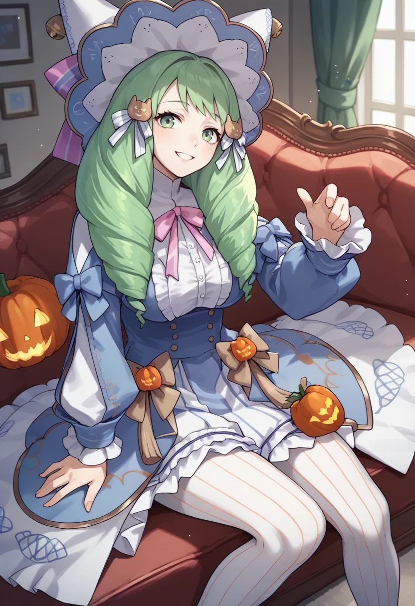 score_9, score_8_up, score_7_up, source_anime, 1girl, looking at you, smile, BREAK <lora:FlaynFE-pdxl:1.0> 1girl, hlwnFlayn, long hair, drill hair, long sleeves, hair ornament, halloween costume, hat, large breasts, frills, striped pantyhose, bow, bell, indoors, couch