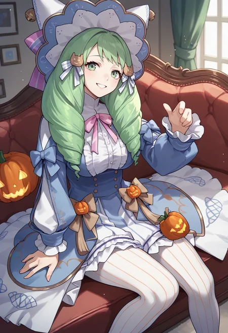 score_9, score_8_up, score_7_up, source_anime, 1girl, looking at you, smile, BREAK <lora:FlaynFE-pdxl:1.0> 1girl, hlwnFlayn, long hair, drill hair, long sleeves, hair ornament, halloween costume, hat, large breasts, frills, striped pantyhose, bow, bell, indoors, couch
