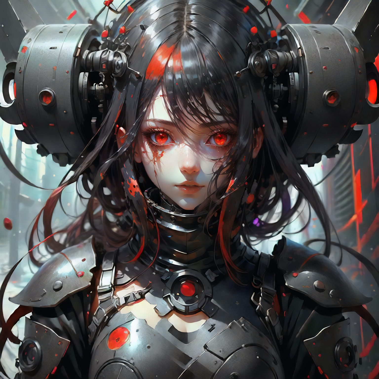 Girl, fantasy, dark atmosphere,  best quality,  detailed face, midshot, , black halo, , full armor, black hole, low key, red hair,  blood, hyperrealism,  <lora:Hellasthetic v2:1> , dynamic pose, action