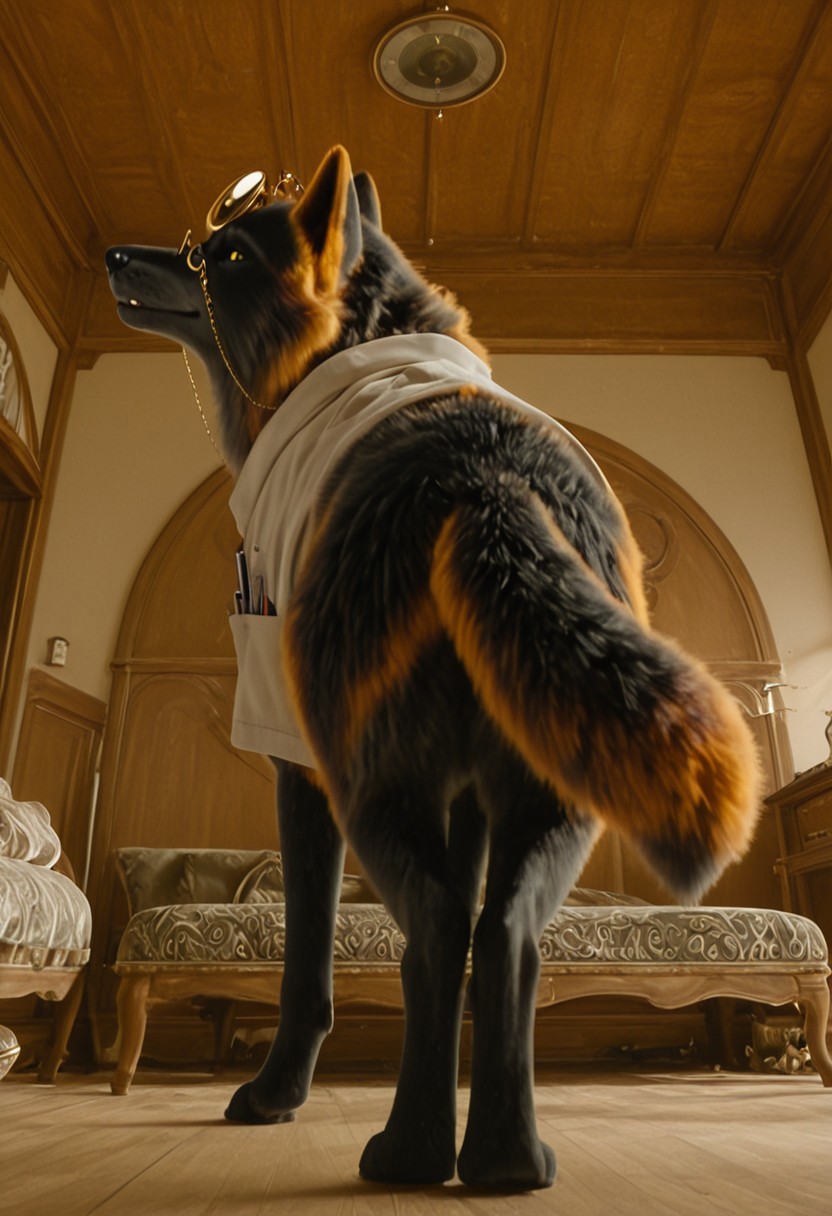 wolfdoc_wicked, 1girl, female black wolf, furry, feral, black and orange fur (white fur around muzzle), orange wolf ears, short orange hair, yellow eyes, black nose, black and orange tail, head mirror, golden glasses (glasses chain), white top (medical equipment on pockets),
score_8_up, score_7_up, BREAK, 1girl, solo, looking at viewer, cute, smiling, smug, from behind, rear view, low angle shot, looking back, female focus, looking at viewer, detailed background, 4k, masterpiece, best quality, highly detailed, 3d, full shot realistic, indoors,
