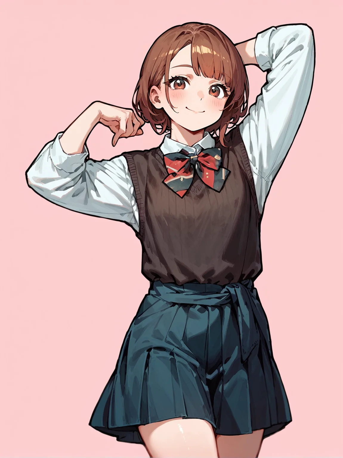 score_8_up, score_7_up, score_6_up, source_anime, 1girl, solo, simple background, pink background,
standing, pose, contrapposto, arched back, cowboy shot, facing viewer
smile,
<lora:schooluniform:1>
white shirt, brown sweater vest, sweater around waist, long sleeves, bowtie, pleated skirt