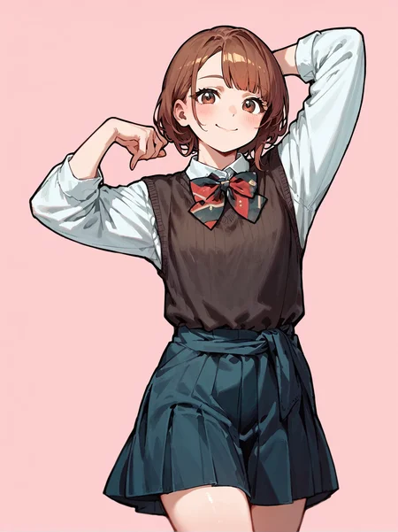 score_8_up, score_7_up, score_6_up, source_anime, 1girl, solo, simple background, pink background,
standing, pose, contrapposto, arched back, cowboy shot, facing viewer
smile,
<lora:schooluniform:1>
white shirt, brown sweater vest, sweater around waist, long sleeves, bowtie, pleated skirt