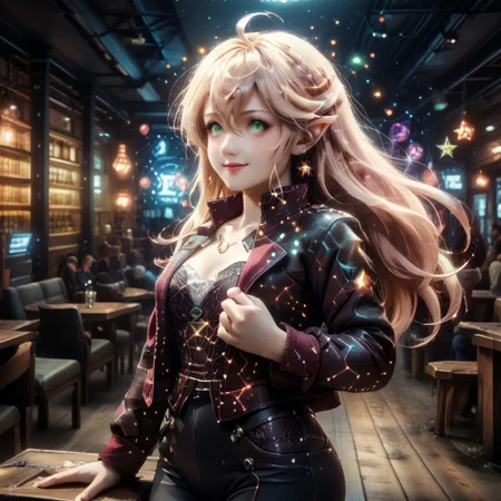 starry_morph, score_9, score_8_up, score_7_up , 1girl, solo, long hair, pink hair ribbon, cowboy shot, nightclub, neon lights, bokeh, depth of field, blush, happy, makeup, open leather jacket, red leather high waist pants, signora, Robina, long hair, hair between eyes, green eyes, pointy ears, elf, blonde hair, ahoge, Cyberpunk, hands hidden, hands on the back.