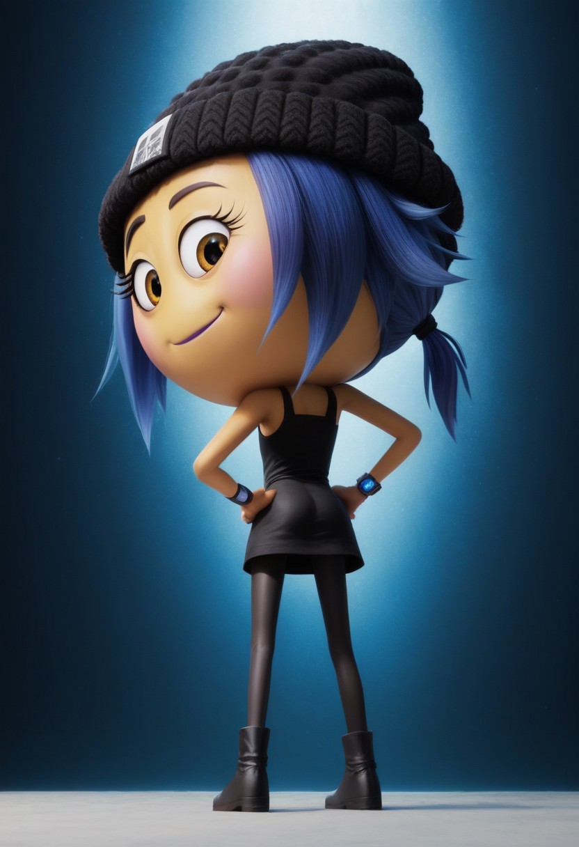 jailbreak, 1girl, yellow emoji, blue hair, ponytail, yellow sunshine eyes, pink cheeks, purple lipstick, round head, big head, chibi, no neck, black beanie with a skeleton on it, black code breaker watch with blue light, short black dress, black skinny tights, score_8_up, score_7_up, BREAK, 1girl, solo, cute, smug, from behind, looking back, from below, hands on hips, head tilt, ass focus, looking at viewer, detailed background, 4k, masterpiece, best quality, highly detailed, realistic, 3d, low-angle shot