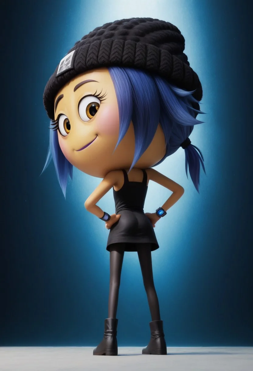 jailbreak, 1girl, yellow emoji, blue hair, ponytail, yellow sunshine eyes, pink cheeks, purple lipstick, round head, big head, chibi, no neck, black beanie with a skeleton on it, black code breaker watch with blue light, short black dress, black skinny tights, score_8_up, score_7_up, BREAK, 1girl, solo, cute, smug, from behind, looking back, from below, hands on hips, head tilt, ass focus, looking at viewer, detailed background, 4k, masterpiece, best quality, highly detailed, realistic, 3d, low-angle shot