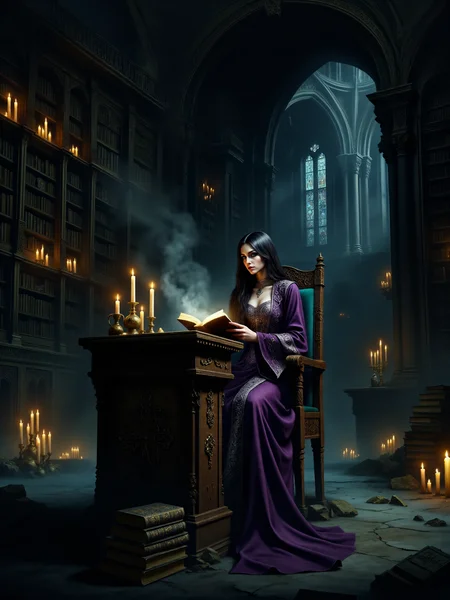 an atmospheric, highly detailed fantasy painting in the style of 17th-century oil paintings, featuring rich textures and deep shadows, inspired by classic depictions of arcane knowledge and mystical settings, 
a vertical shot capturing a beautiful sorceress, seated in an ornate, gothic-style library illuminated by the dim glow of flickering candles, she is surrounded by towering bookshelves filled with ancient tomes, alchemical ingredients, and mystical artifacts, in the center of the scene, she is deeply absorbed in reading from a mysterious, glowing grimoire resting on a heavy wooden lectern, arcane symbols glow faintly in the air around her, as if alive, in the foreground, a stack of books stands on the dark, polished stone floor, partially illuminated by the candlelight, the wooden lectern is intricately carved with magical runes and symbols, its surface worn from centuries of use, in the background, the towering bookshelves stretch up toward the high, vaulted ceiling, a faint mist hovers near the floor, adding to the eerie, arcane atmosphere, the farthest shelves are barely visible in the darkness, the sorceress is leaning slightly forward, her delicate fingers brushing over the ancient text, her eyes glow faintly, her focused expression suggests she is unraveling powerful knowledge, the energy from the grimoire subtly illuminates her face, casting her in an ethereal glow, the sorceress is beautiful and mysterious, with long flowing silky dark hair cascading down her back, her deep violet robe is adorned with silver embroidery and lined with runes that shimmer faintly, she wears an intricate amulet around her neck, her eyes are sharp and intelligent and glow with otherworldly power, her lips are slightly parted as she mouths the words of the spell, the vertical format allows for a detailed view of the towering bookshelves and high, arched ceiling, adding to the grandeur of the setting, the camera is at eye level with the sorceress, the angle is slightly tilted upward, capturing the grand, mystical atmosphere of the library, the lighting is soft, primarily from the flickering candles and the glowing grimoire, deep shadows create a sense of mystery, the ambient glow of magical symbols in the air adds a subtle otherworldly quality, the rich color palette includes deep purples, teal, golds, and dark browns, contributing to the arcane setting, the image is rendered with meticulous brushstrokes and attention to detail, the texture of the scene is rich, evoking the look of classic oil paintings, the soft, ethereal lighting contrasts with the deep shadows, enhancing the mystical atmosphere, d4artstyle, d4concept, <lora:image_enhancer-flux-by_dever:0.8> <lora:style-diablo_iv_concept_art-flux-by_chronoknight:0.6>