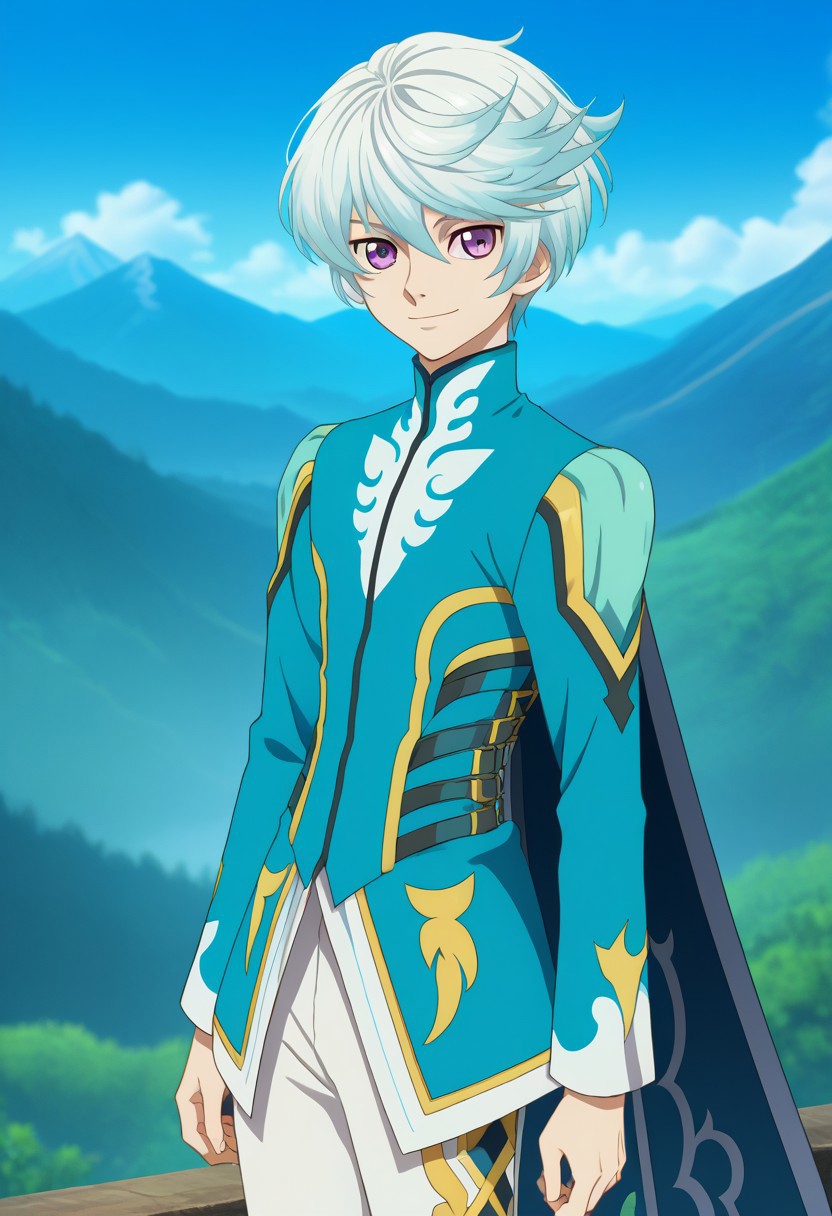 score_9, score_7_up, source_anime
mikleo, 1boy, male focus, solo, purple eyes, blue hair, short hair, swept bangs, jacket, blue jacket, long sleeves, cape, blue cape, pants, white pants, smile
outdoor, mountains, sky,