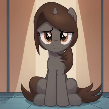 masterpiece, perfect detail, best high quality, source_pony, show accurate, cute, 1girl, solo, female, oc:sonata, pony, no light, prison, imprisoned, behind bars, sitting, frown, dejected frown, sad, lidded eyes, beautiful, looking down at floor, score_9, score_8_up, score_7_up, score_6_up, score_5_up, score_4_up
