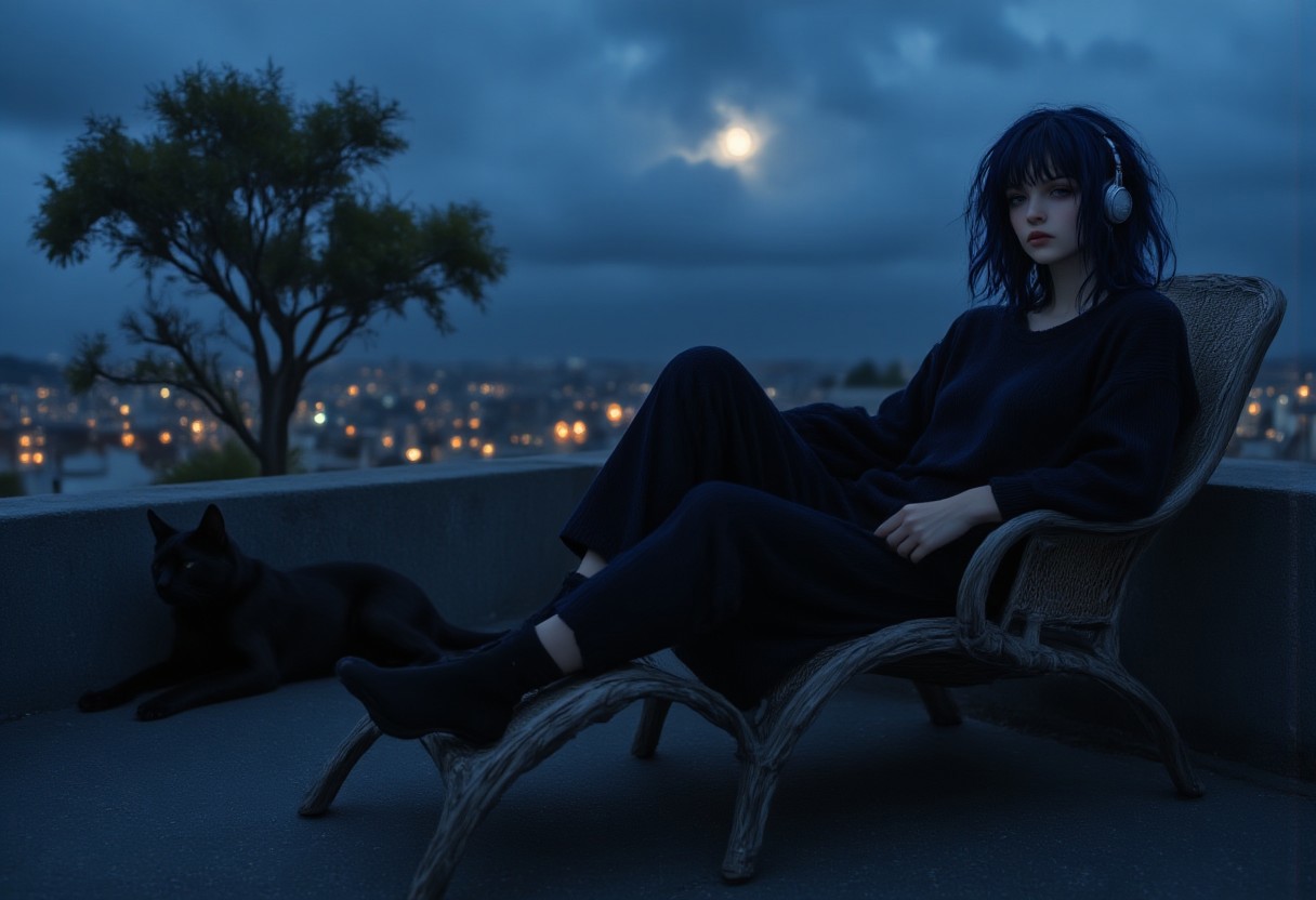 1girl, wearing headphone, black sweater, black pajama, black socks,  resting in resting chair, roof top, side view, a black cat sleeping in lap, a black dog sleeping near chair, railing in background, blue moon amongst dark clouds, a tree outside near railing,  FictionalOpal, alternative girl with messy navy blue hair, DarkAtmosCE style, highres, realistic, fhd, widescreen, moonlight,