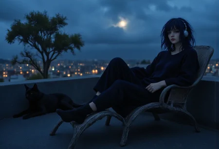 1girl, wearing headphone, black sweater, black pajama, black socks, resting in resting chair, roof top, side view, a black cat sleeping in lap, a black dog sleeping near chair, railing in background, blue moon amongst dark clouds, a tree outside near railing, FictionalOpal, alternative girl with messy navy blue hair, DarkAtmosCE style, highres, realistic, fhd, widescreen, moonlight,