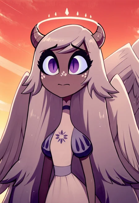 score_9, score_8up, score_7up, 1girl, solo, angel, colored skin, Emily, grey skin, lavender sclera, long hair, closed mouth, petite, smile, very long hair, white dress, white stockings, light blue ballet flats, white hair, purple eyes, slit pupils, grey angel wings, ram horns, devil tail, red sky, dark clouds, dust debris, standing, sad, worried, nervous, front view, looking up,
