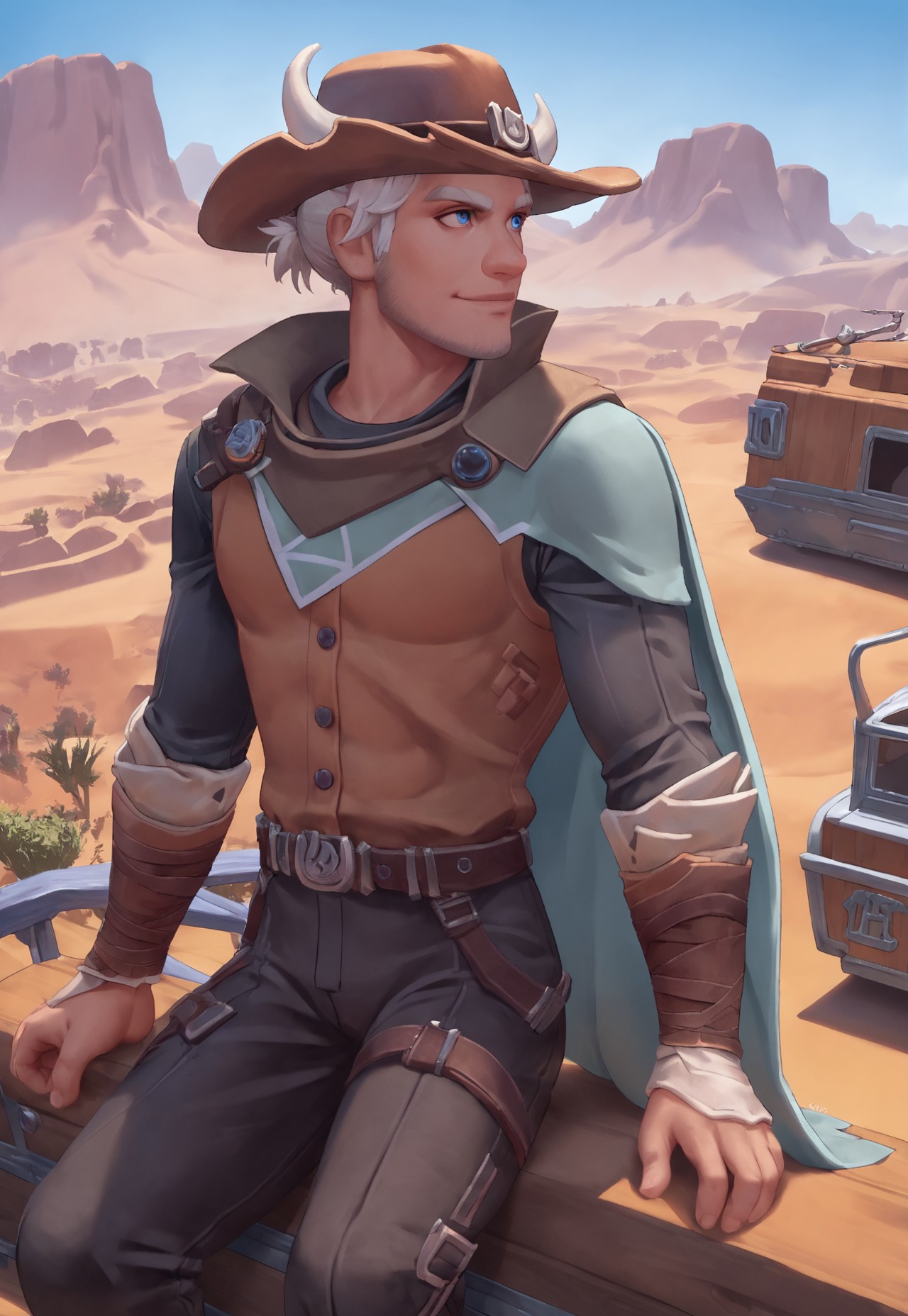 score_9, score_8_up, source_anime, cartoon, Logan, facial hair, cowboy hat with horns, vest, cape, belt, blue eyes, muscular, desert, town in the background, sitting on top of a wagon of a moving train, (dynamic pose, dutch angle), smile, looking ahead,