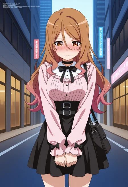 1girl,solo, long hair, gradient hair, brown hair, pink hair,brown eyes, hair between eyes, medium breasts,
official_art, anime coloring,
jirai kei, v arms, shoulder bag, embarrassed, looking down, standing, cowboy shot, city, street,
,masterpiece,best quality,amazing quality,
<lora:NoobV065sHyperDmd:.5> <lora:quele_sellier_meipaws:.9>